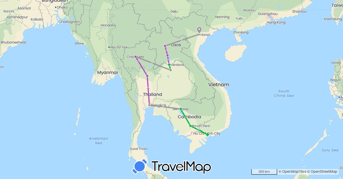 TravelMap itinerary: driving, bus, plane, train in Cambodia, Laos, Thailand, Vietnam (Asia)